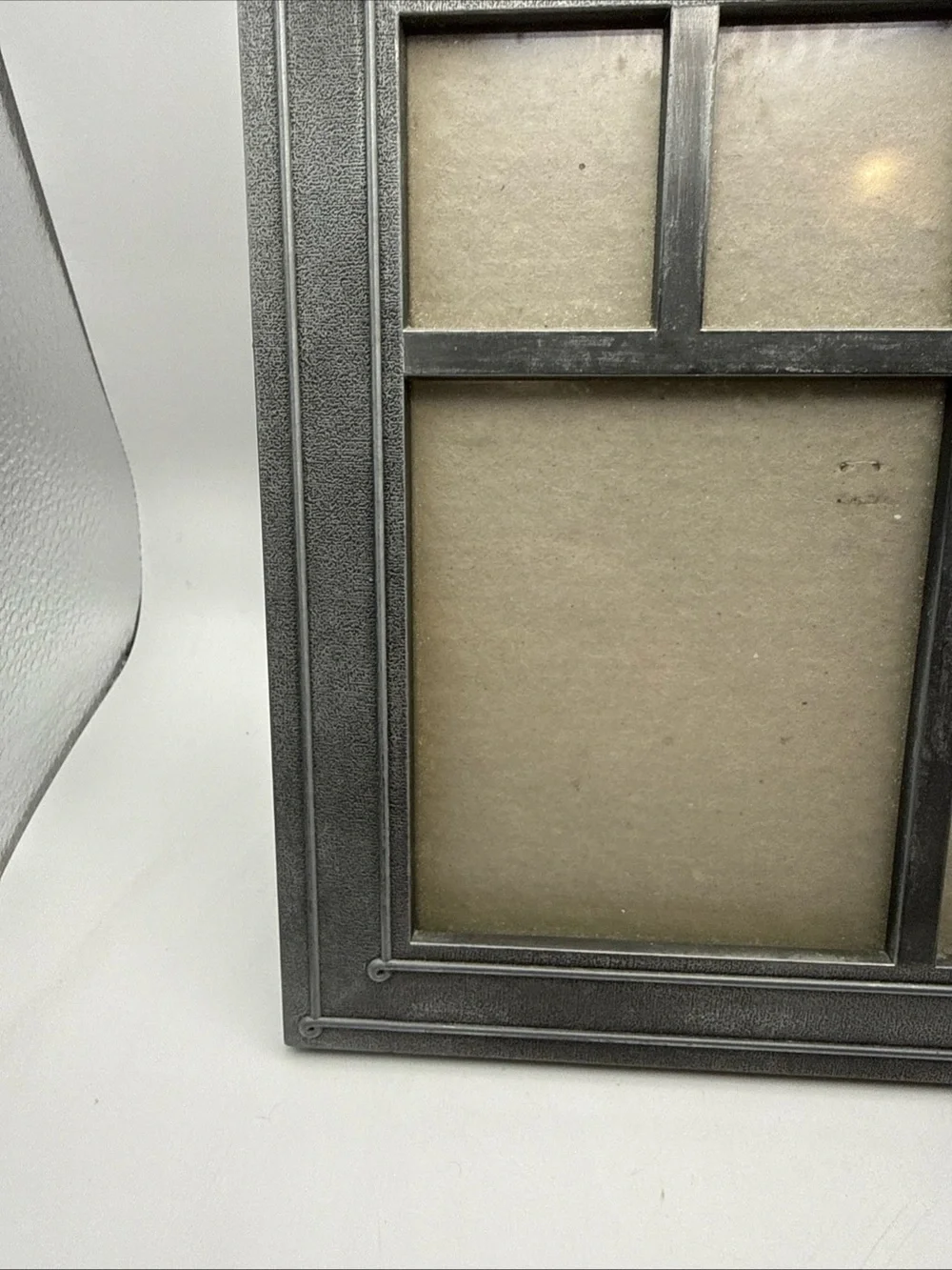 VTG Pewter Frame 9”x9.5” Hold 5 Photos 2- 2x 1.5 & 2- 2 3/8 x 1.75 1- 4x3 Scroll